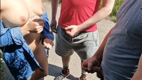 Two unknowns jizz all over their nipples in broad daylight, public tit-fuck extravaganza Two unknowns jizz all over their nipples in broad daylight, public tit-fuck extravaganza