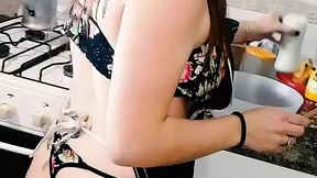 Big-titted prostitute becomes incredibly turned on while saut&#x00E9;ing & playing with cukes & sticks