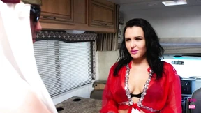  Brunette babe gets nailed hard on counter, tits bobbing with each thrust