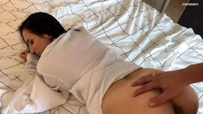 Half-naked stepmom shared her warm bed with son's morning wood