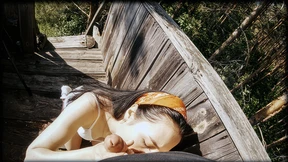 Blonde bombshell gets DP'd amidst ancient tree trunks