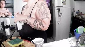 Tatted MILF Shows Boobs While Washing Dishes