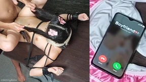 Eighteen-year-old petite Asian slave tied up, brutally fucked while boyfriend watches on phone