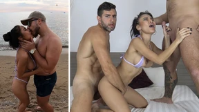 Two chicks go wild on public beach after picking up hot dude for steamy threesome Two chicks go wild on public beach after picking up hot dude for steamy threesome