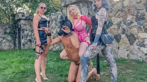 Two Canadian mistresses dominate three pony-play submissives in a dark, dungeon-like castle Two Canadian mistresses dominate three pony-play submissives in a dark, dungeon-like castle