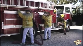 Blazing hot firefighter foursome devoured by fire engine's fiery fornication frenzy Blazing hot firefighter foursome devoured by fire engine's fiery fornication frenzy