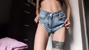 I fuck a skinny bitch in short denim shorts doggy style and cum on her stomach I fuck a skinny bitch in short denim shorts doggy style and cum on her stomach