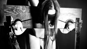 Blindfolded Brunette in Stocks Sucks and Gets Fucked