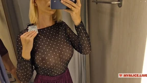 Trying on completely transparent clothes in the fitting room Look at my boobs in a public place Trying on completely transparent clothes in the fitting room Look at my boobs in a public place