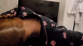 Sister in red pigtails rides brother, gets him to come deep inside