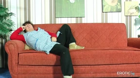 Granny's sleazy seduction scores double penetration on worn-out living room furniture Granny's sleazy seduction scores double penetration on worn-out living room furniture