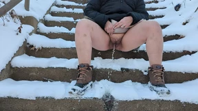 peeing on some stairs in the snow peeing on some stairs in the snow