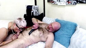 Older tart blissfully blows bald dude's dick&#x1F32D;, takes his semen on her dirty mug