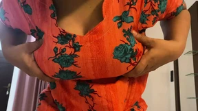 Arabian girl Pressing her Big Boobs with sexy frock in home