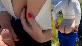Public and risky, sloppy handjob on a bench during hiking
