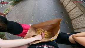 Public double handjob in the fries bag I'm jerking it!
