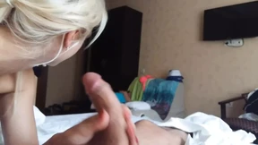 Russian slim blonde rides dick and takes it in her mouth