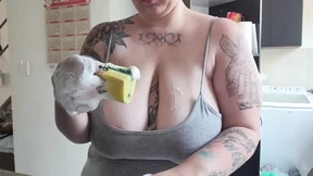 Friend's Mom Get Naughty Doing the Dishes and Jerks You with Sponge