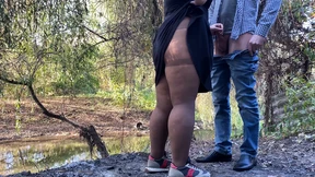 MILF holding my dick while masturbating outside