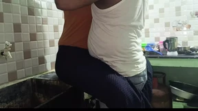 Romance in kitchen while cooking house wife trying top and back position Romance in kitchen while cooking house wife trying top and back position