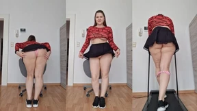 Walking on treadmill in miniskirt with and without panties