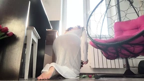 cleaning girl in perfect dress without lingerie