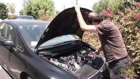 She goes to the car shop to fix her car but stays for the orgy