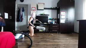 Sexy MILF, hairy pussy, big ass, vacuum cleaner in naked house Latina with big hairy tits