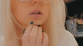 Blonde MILF in glasses fondles her cum-filled cleavage