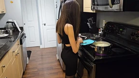 Petite Step Sister In Black Dress Fucked In Kitchen