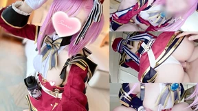 Genshin Impact Cosplaying Charlotte Cowgirl and Glove-Handjob Triple Finish