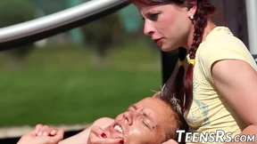 Petite teens tease naked guy at the pool before fucking them