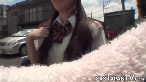 Nerdy Japanese schoolgirl with glasses teases in public