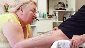 a friend sucks off a large portion of cum from a dick and swallows it