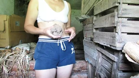 She hid in the barn to masturbate in tights  Dirty talk in Russian