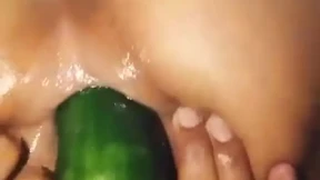 Filthy Latina gets stuffed by gargantuan cucumber and flaunts raw booty
