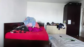 Sexy mom has fun trying on her clothes and cutting them off  A brunette with a hairy pussy and big tits 