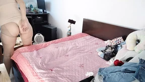 Amateur brunette tries on clothes and cuts them, hairy pussy, big ass 
