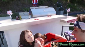 Teen and stepmom share a big cock blowjob before slut rides it