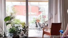 Naked Window Cleaning with a Hot Brunette in a Sheer Dress and No Panties. Amy Haze
