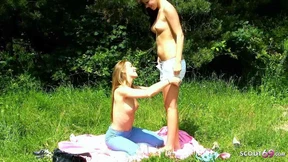 Cute Virgins' First Lesbian Sex Outside, Caught During Sunbathing