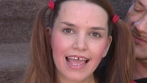 Busty teenager with gaps in her teeth experiments with a large cock&#x1F346;