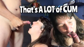 Gaping She-Mouth Gobbles Massive Load through Nylon Net
