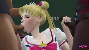Trapped in a tidal wave of taboo love, Moon gets nailed by two thirsty freshmen
