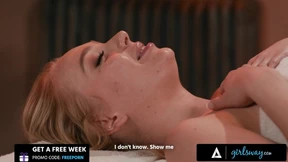 Blonde Braylin gets throated, balls deep by Kylie Rocket's talented fingers in steamy massage seduction