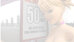 A blonde teen deepthrottles a massive pole in a sex store's toy box!