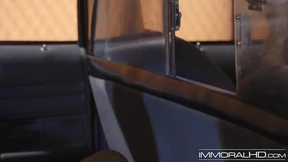 Sexy cougar's fingers playing with clit in sedan's passenger seat