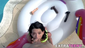 Kinky teen Riley Jean opens her mouth for warm lovers cum