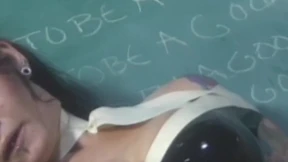 Detention domina spanks and dildo fucks latex sub