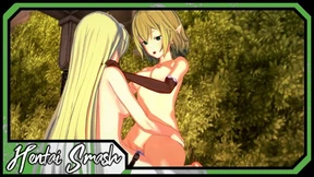 Ryuu Lion and Aiz Wallenstein have lesbian sex and strapon fuck in the garden - Danmachi Hentai